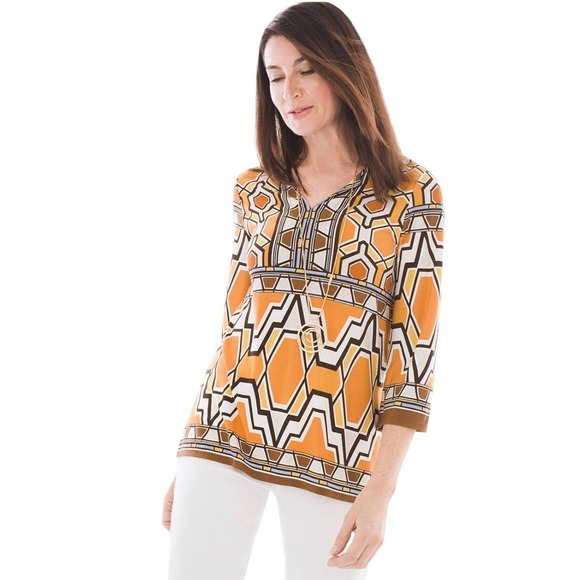 Chicos Women’s Size Small African 70s V Neck Inspired Tunic Blouse Top - Picture 2 of 8